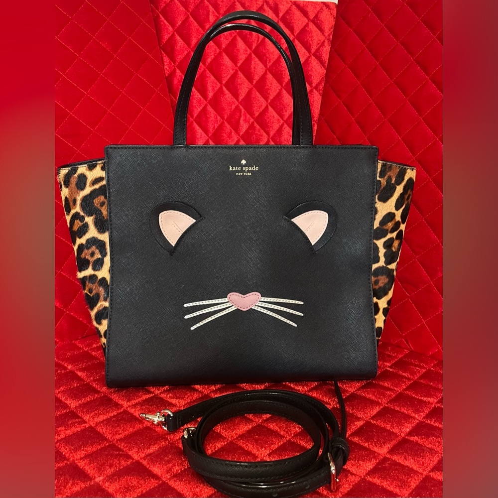Kate Spade leopard print and cat fun loving tote with adjustable straps.